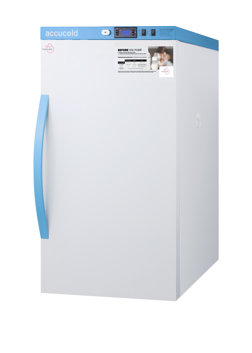 Purpose-built all-refrigerator for breast milk storage with 4 adjustable shelves, a hospital grade cord with 'green dot' plug, and antimicrobial silver-ion handle